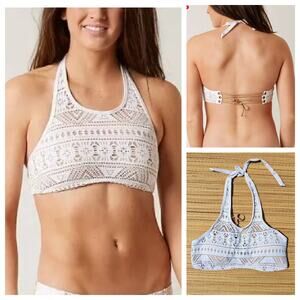 BECCA La Boheme White Crochet Bikini Top Medium High Neck Lace Up Back